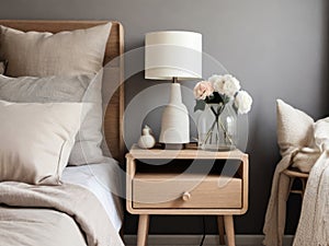 Nightstand with lamp and flowers in the bedroom. Home interior in Scandinavian style