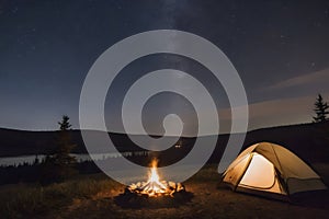 Nighttime camping under stars with glowing campfire and tents in a serene forest setting. Peaceful starry night concept.