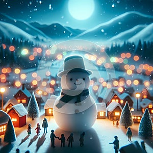 nighttime christmas village snowman
