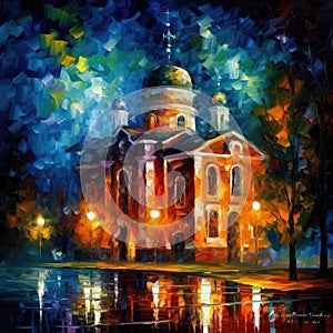 Nighttime Church Painting in the Style of Leonid Afremov for Invitations and Posters.