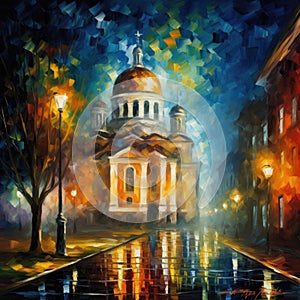 Nighttime Church Painting in the Style of Leonid Afremov for Invitations and Posters.