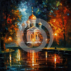 Nighttime Church Painting in the Style of Leonid Afremov. Perfect for Religious Invitations and Posters.