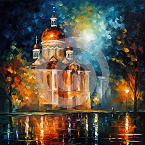 Nighttime Church Painting in the Style of Leonid Afremov for Posters and Invitations.