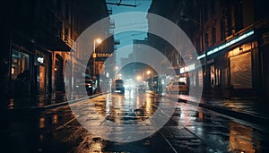 Nighttime city life traffic, rain, blurred motion, illuminated skyscrapers generated by AI