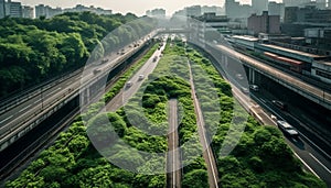 Nighttime city traffic blurs on multiple lane highway under skyscrapers generated by AI