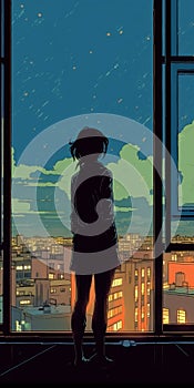 Nighttime Cityscape: Manga-inspired Artwork Of A Girl Gazing Out Of A Window