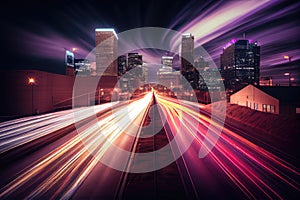 nighttime cityscape with speeding traffic and long exposures