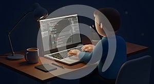 Nighttime Coder: A 3D Render of a Programmer Working Late on a Laptop with Code