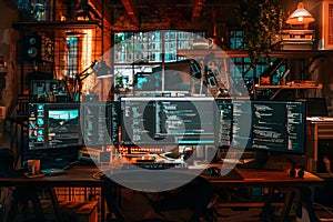 Nighttime Coder's Workspace: Triple Monitor Setup with Advanced Programming Code, Video Editing Software