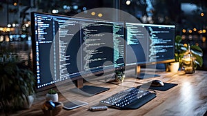 Dual Monitor Coding Setup at Night with City Lights