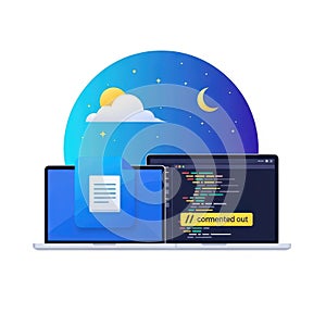 Nighttime coding session with document and code