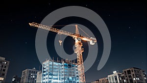 Nighttime Construction Site with Illuminated Crane