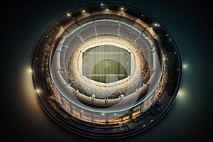 Nighttime cricket match surrounded by illuminated circular stadium and enthusiastic audience. Generative AI photo