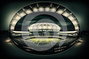 Nighttime cricket match surrounded by illuminated circular stadium and enthusiastic audience. Generative AI photo