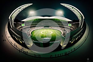 Nighttime cricket match surrounded by illuminated circular stadium and enthusiastic audience. Generative AI photo