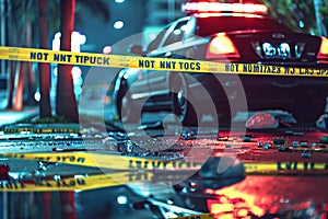 Nighttime crime scene with police tape and reflective wet pavement