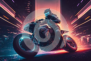 Nighttime Cyberpunk Speedway with Futuristic Motorcycle. AI
