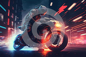 Nighttime Cyberpunk Speedway with Futuristic Motorcycle. AI