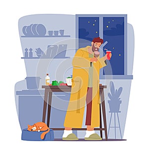 Nighttime Eating, Unhealthy Habit Where A Character Consumes Food Excessively During The Night, Vector Illustration