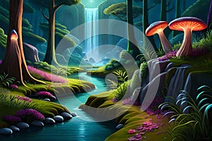 Nighttime Fantasy World: Fairy Forest with Giant Glowing Mushrooms with Generative AI