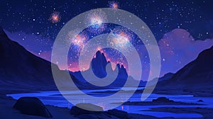 Nighttime Fireworks Over Mountains And A River
