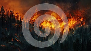 A Nighttime Forest Wildfire.AI generated image