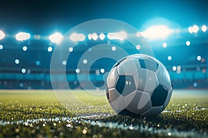 Nighttime game Soccer ball on the green grass under stadium lights