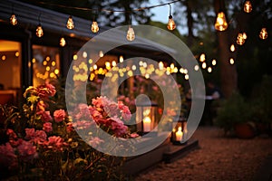 Nighttime garden ambiance with decorative string lights and blurred revelers photo