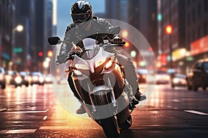 In the nighttime, a helmeted man cruises through city streets on a powerful motorcycle, creating a striking scene of urban