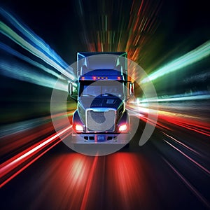 Nighttime Highway: Truck with Car Headlights. Generative AI