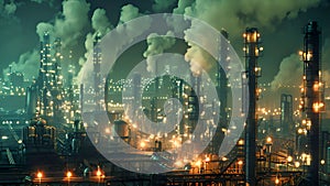Nighttime Industrial Cityscape with Oil Refinery and Tower Emitting Smoke