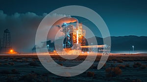 Nighttime Launch Pad with Rocket Ignition and Smoke at Dusk