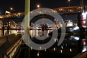 Nighttime Long Exposure Riverfront Photo of Downtown Portland Oregon and Submarine