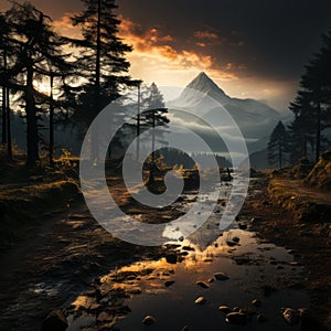 Nighttime Manaslu Landscape With Pine Trees, Lake, And River