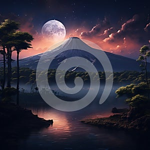 Nighttime Mount Kilimanjaro Landscape With Pine Trees, Lake, And River