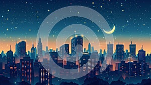 This nighttime multistory metropolis is a nighttime print with high towers, architecture, crescent moon and stars in the