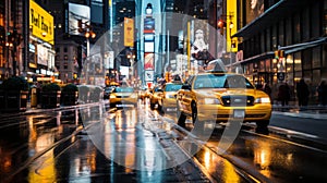 Nighttime New York Street with Yellow Cabs Ai generated