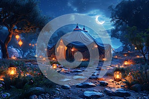 Nighttime oasis with a tent illuminated by lanterns, evoking peaceful solitude. Card for an Islamic holiday.