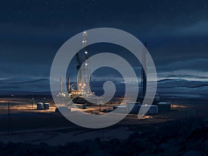 Nighttime Oil Drilling Rig in Remote Location