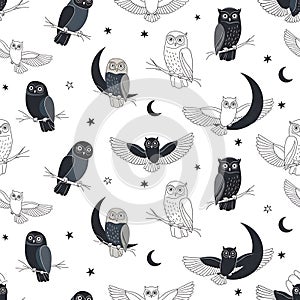 Nighttime Owl and Moon Pattern with Stars