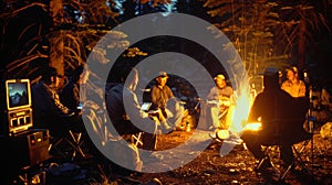 A nighttime photo of a campsite with a group of hikers sitting around a campfire. In the background is a solarpowered