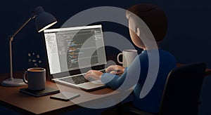 Nighttime Programmer: A 3D Render of a Coder Working Late on a Laptop, Illuminated by a Desk Lamp