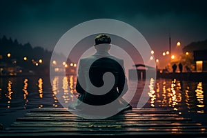 Nighttime reflection suited man sits on dock edge, contemplative solitude