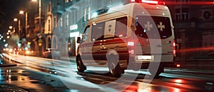 In this nighttime scene, an ambulance vehicle with a working strobe light and siren is arrived at the scene of a traffic