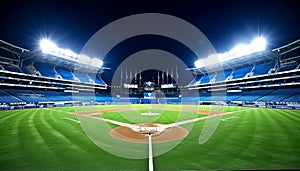 nighttime scene of an empty baseball stadium with illuminated diamond under bright spotlights