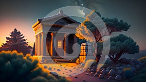 Nighttime Serenity: Illustration of an Ancient Greek Temple in the Greek Nature Landscape at Night