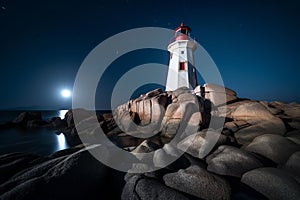 Nighttime Shadows: A Long Exposure of a Rotating Lighthouse Beam by the Sea