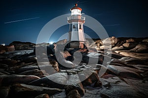 Nighttime Shadows: A Long Exposure of a Rotating Lighthouse Beam by the Sea