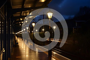 nighttime shot of station illuminated by streetlamps