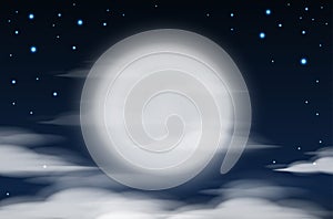 Nighttime sky background with full moon, clouds and stars. Moonlight night